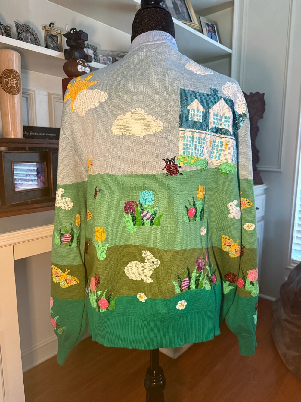 new QUEEN OF SPARKLES Light Blue & Green Embroidered Sequined Spring Cardigan - Picture 2 of 9
